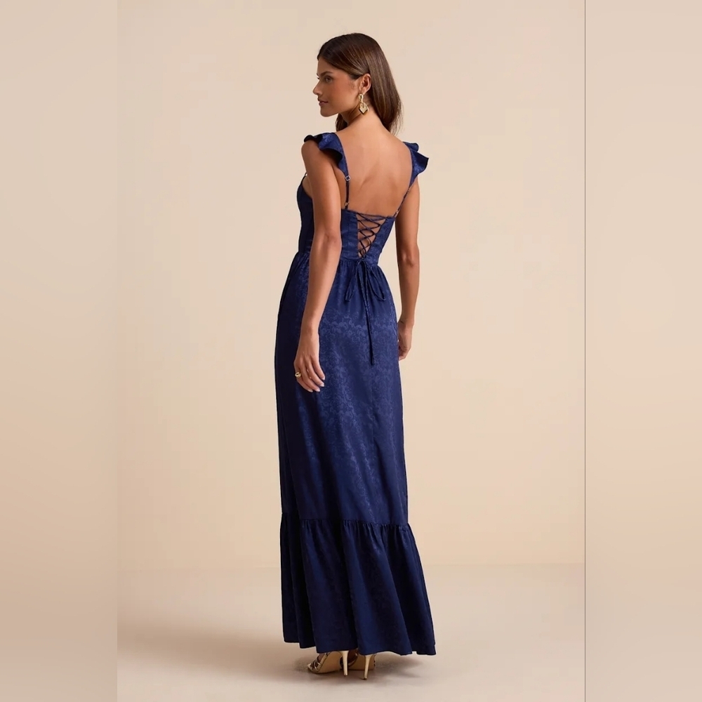 Lulus Arlaith Navy Jacquard Lace-Up Corset Maxi Dress M Wedding Party Prom - Picture 5 of 10